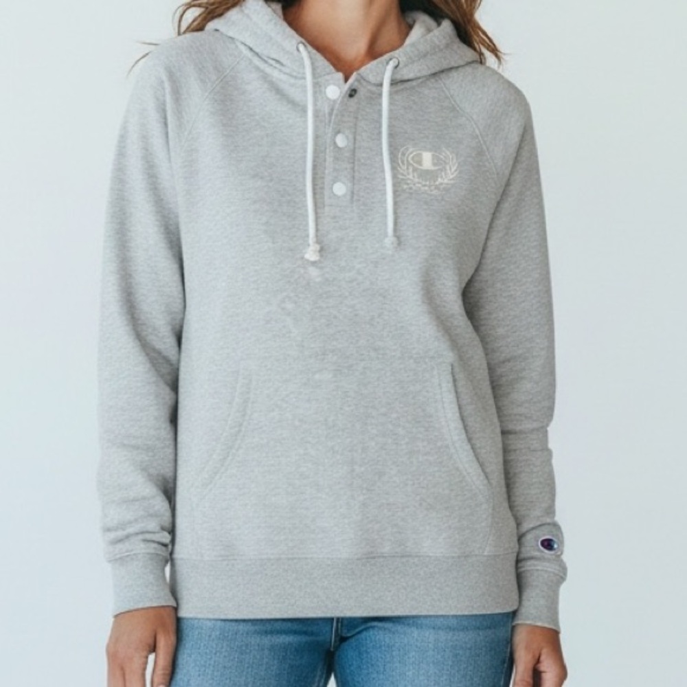 Champion Light Gray Henley Hooded Pullover Sweatshirt•XL